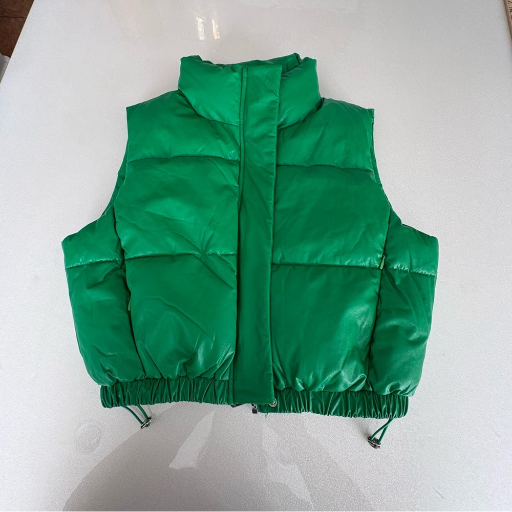 Coalition LA Green Puffer Vest Cropped Zip Pockets Snap & Zip Up Collar - Picture 8 of 14